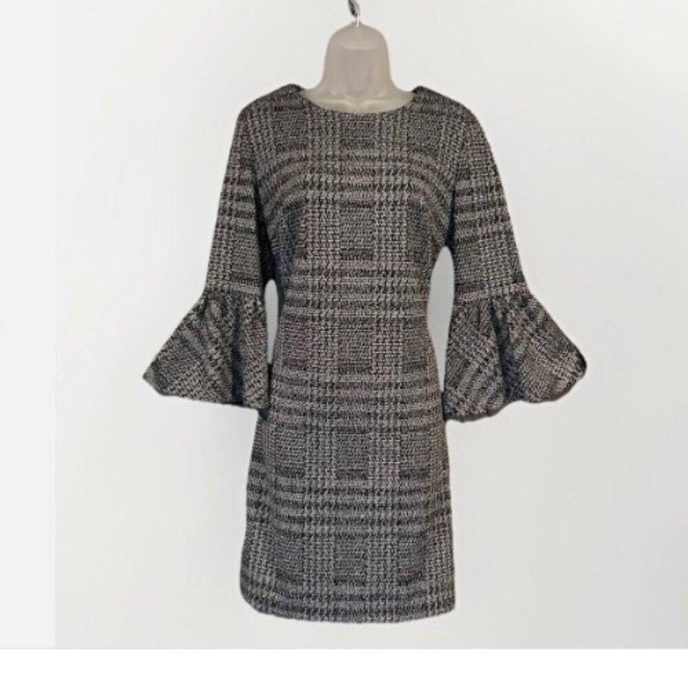 CALVIN KLEIN Sheath Dress 3/4 Bell Sleeve Houndstooth Knee Length Women Size 12